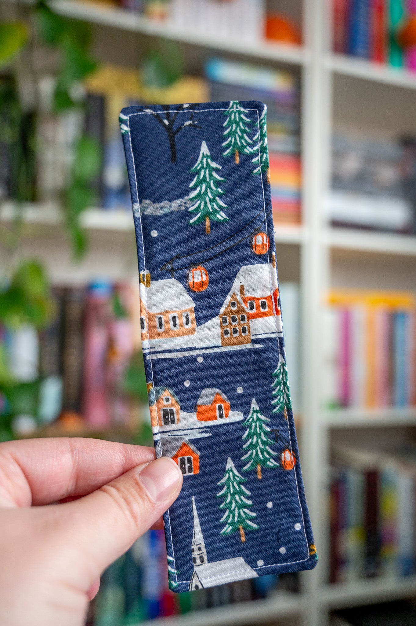 Dark Blue Winter Village Fabric Bookmark