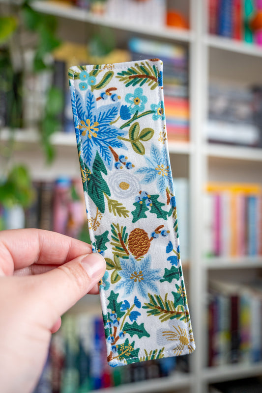 Blue Poinsettia Floral Fabric Bookmark