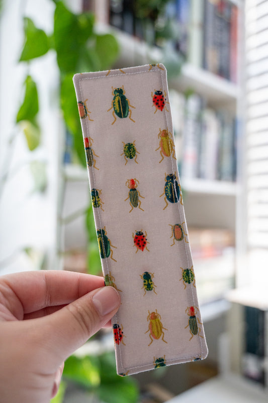 Beetles and Bugs in Khaki Fabric Bookmark