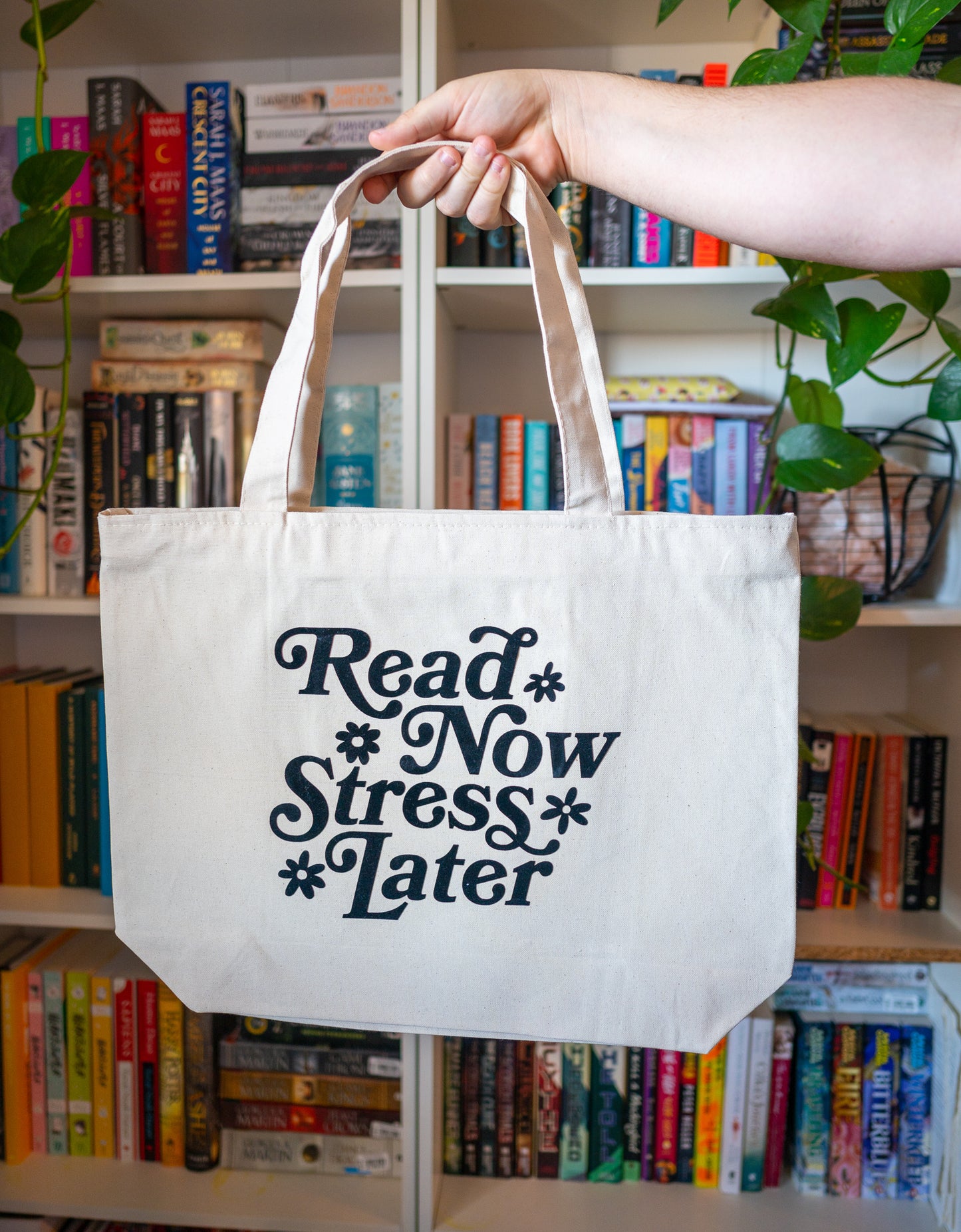 Read Now Stress Later Heavy Canvas Zipper Tote Bag / Zippered Pocket