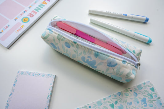 Blue and Green Floral Watercolor Boxy Pencil Pouch