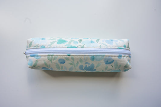 Blue and Green Floral Watercolor Boxy Pencil Pouch