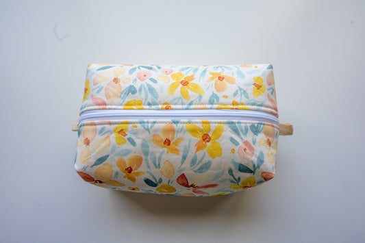 Yellow and Blue Floral Watercolor Boxy Zippered Makeup Pouch