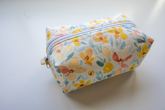 Yellow and Blue Floral Watercolor Boxy Zippered Makeup Pouch