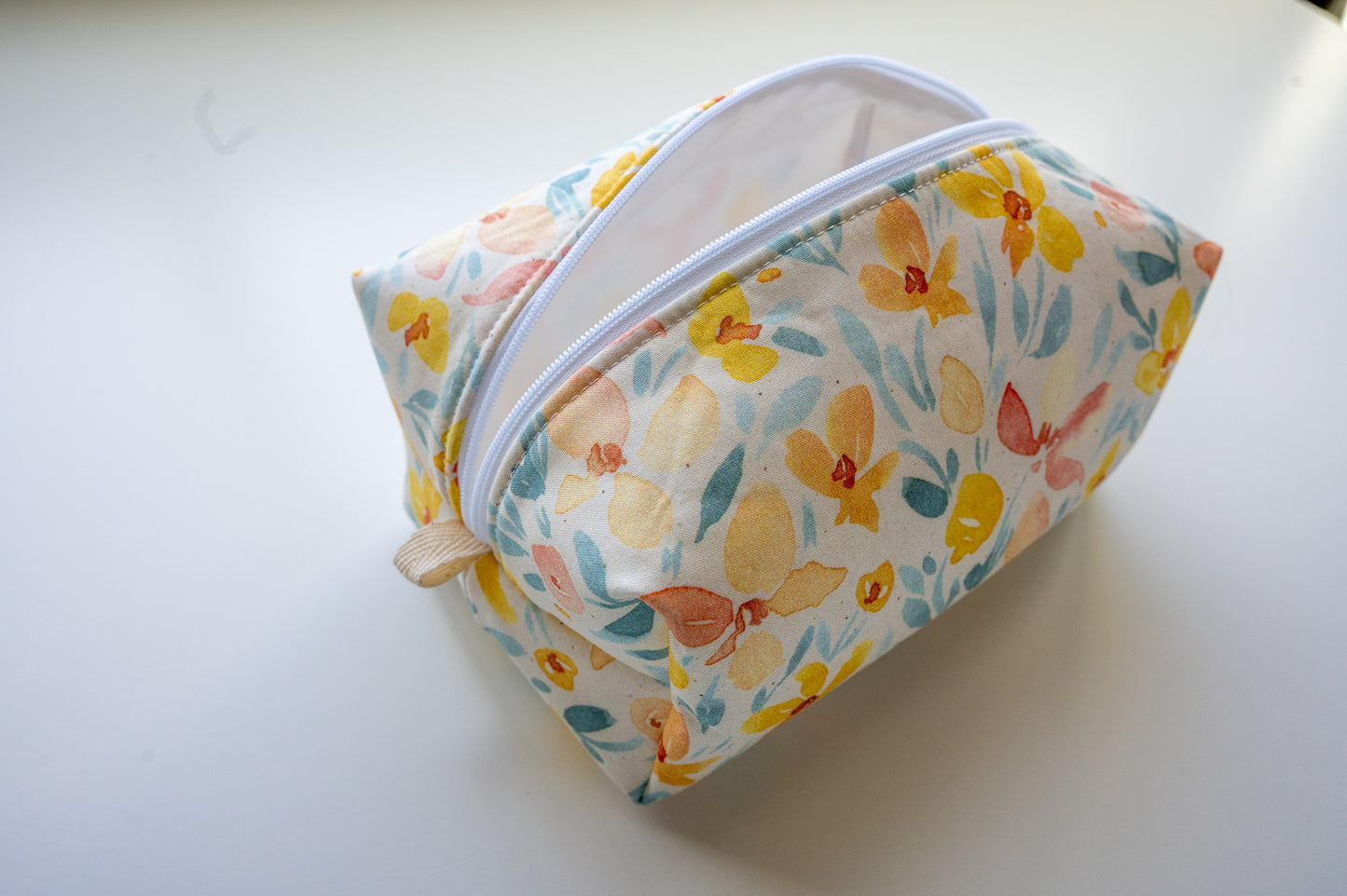 Yellow and Blue Floral Watercolor Boxy Zippered Makeup Pouch