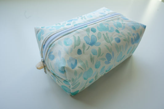 Blue and Green Floral Watercolor Boxy Zippered Makeup Pouch