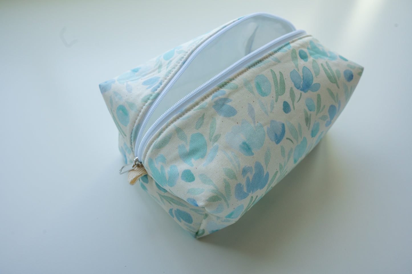Blue and Green Floral Watercolor Boxy Zippered Makeup Pouch