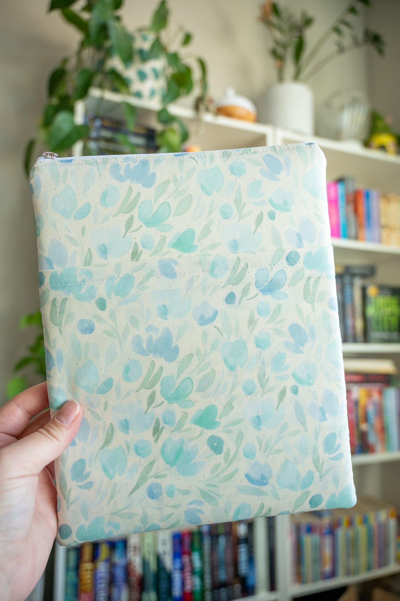 Blue and Green Floral Watercolor Book Sleeve With Zipper